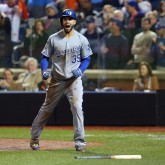 Nov 1, 2015; New York City, NY, USA; Kansas City Royals first baseman Eric Hosmer (35) reacts after scoring the tying run against the New York Mets in the 9th inning in game five of the World Series at Citi Field. Mandatory Credit: Brad Penner-USA TODAY Sports