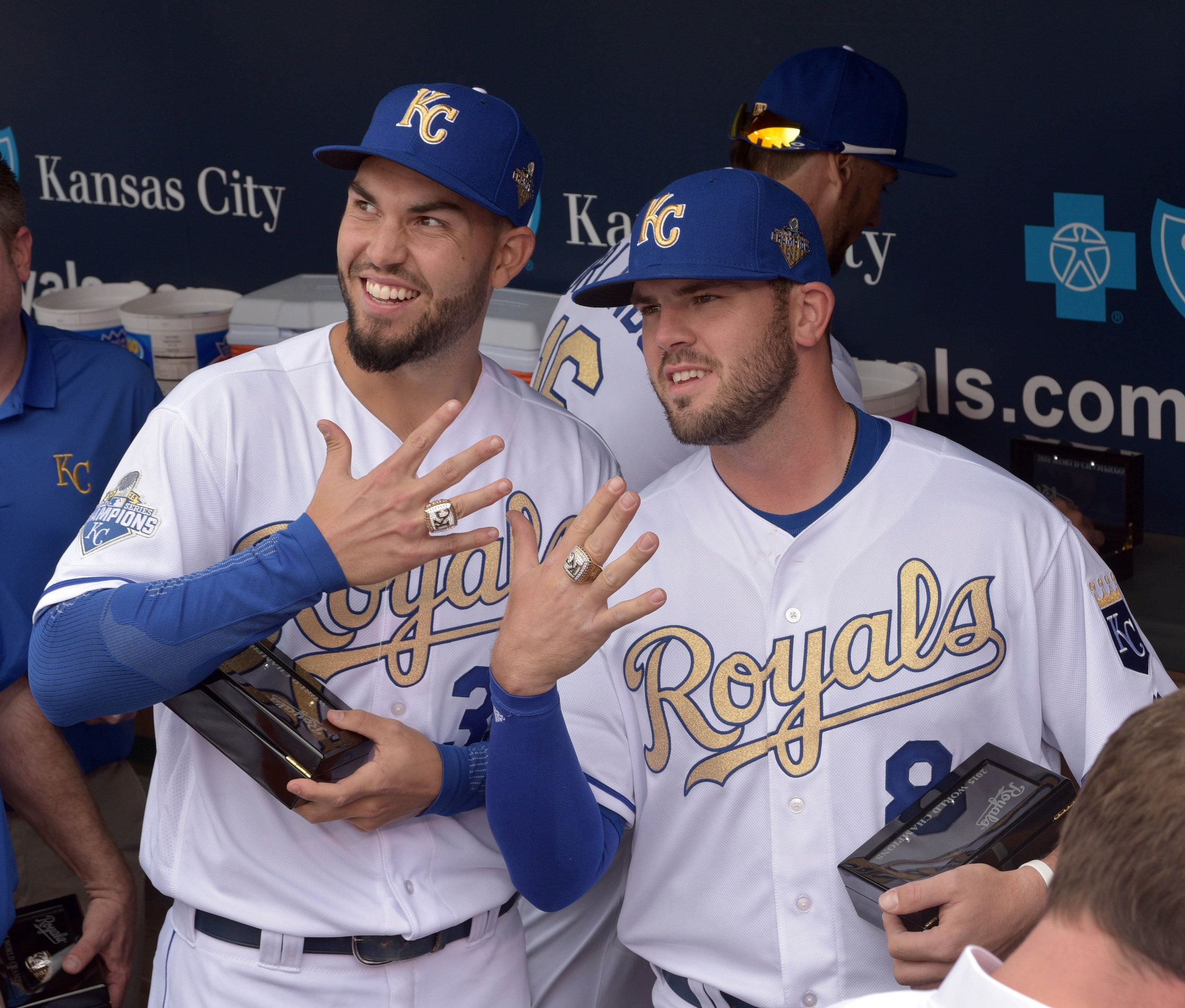 Mike Moustakas and Eric Hosmer show off their World Series rings