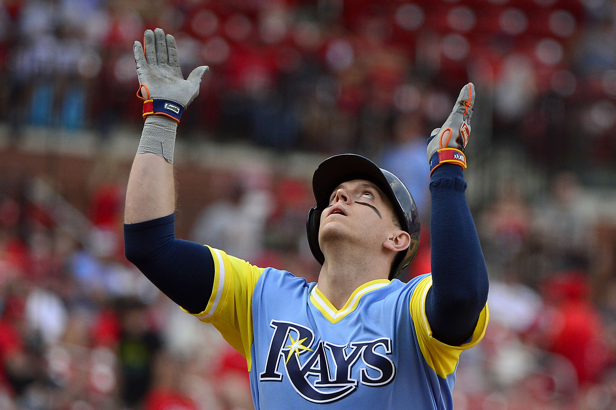 Aug 27, 2017; St. Louis, MO, USA; Tampa Bay Rays first baseman Logan Morrison (7) celebrates after hitting a solo home run off of St. Louis Cardinals relief pitcher Sam Tuivailala (not pictured) during the tenth inning at Busch Stadium. Mandatory Credit: Jeff Curry-USA TODAY Sports