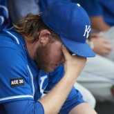Sep 4, 2017; Detroit, MI, USA; Kansas City Royals relief pitcher Brandon Maurer (32) sits in dugout after being relieved in the ninth inning against the Detroit Tigers at Comerica Park. Mandatory Credit: Rick Osentoski-USA TODAY Sports