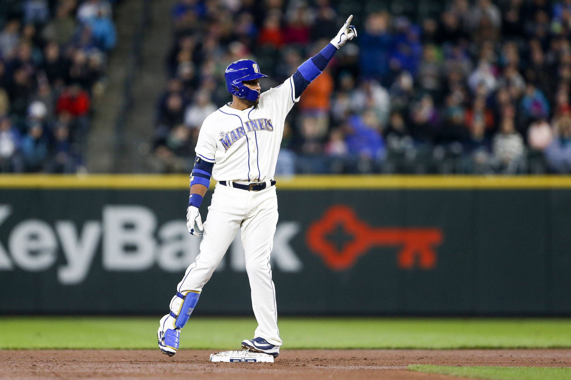 Apr 1, 2018; Seattle, WA, USA; Seattle Mariners second baseman Robinson Cano (22) reacts after hitting a double against the Cleveland Indians during the first inning at Safeco Field. Mandatory Credit: Joe Nicholson-USA TODAY Sports