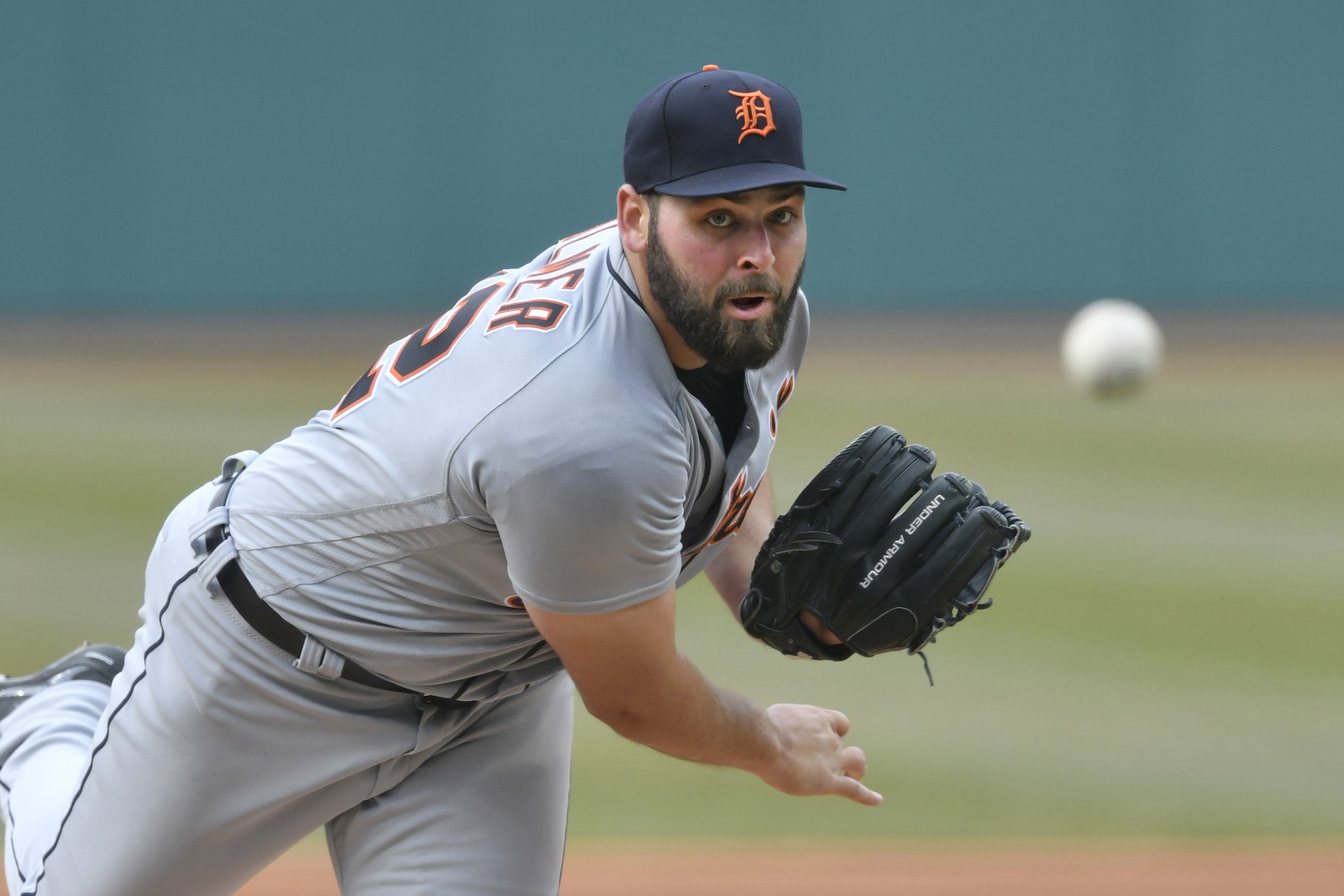 Apr 12, 2018; Cleveland, OH, USA; Detroit Tigers starting pitcher Michael Fulmer (32) delivers i the first inning against the Cleveland Indians at Progressive Field. Mandatory Credit: David Richard-USA TODAY Sports