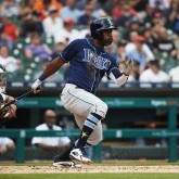 May 2, 2018; Detroit, MI, USA; Tampa Bay Rays left fielder Denard Span (2) drives in a run grounding out in the second inning against the Detroit Tigers at Comerica Park. Mandatory Credit: Rick Osentoski-USA TODAY Sports