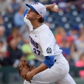 Jun 23, 2017; Omaha, NE, USA; Florida Gators pitcher Jackson Kowar (37) pitches in the first inning against the TCU Horned Frogs at TD Ameritrade Park Omaha. Mandatory Credit: Steven Branscombe-USA TODAY Sports