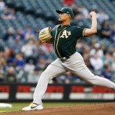 May 3, 2018; Seattle, WA, USA; Oakland Athletics starting pitcher Sean Manaea (55) throws against the Seattle Mariners during the first inning at Safeco Field. Mandatory Credit: Joe Nicholson-USA TODAY Sports