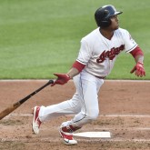Jun 5, 2018; Cleveland, OH, USA; Cleveland Indians third baseman Jose Ramirez (11) watches his solo home run in the third inning against the Milwaukee Brewers at Progressive Field. Mandatory Credit: David Richard-USA TODAY Sports