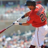 Jul 8, 2018; Minneapolis, MN, USA; Minnesota Twins left fielder Eddie Rosario (20) at bat during the first inning against the Baltimore Orioles at Target Field. Mandatory Credit: Marilyn Indahl-USA TODAY Sports