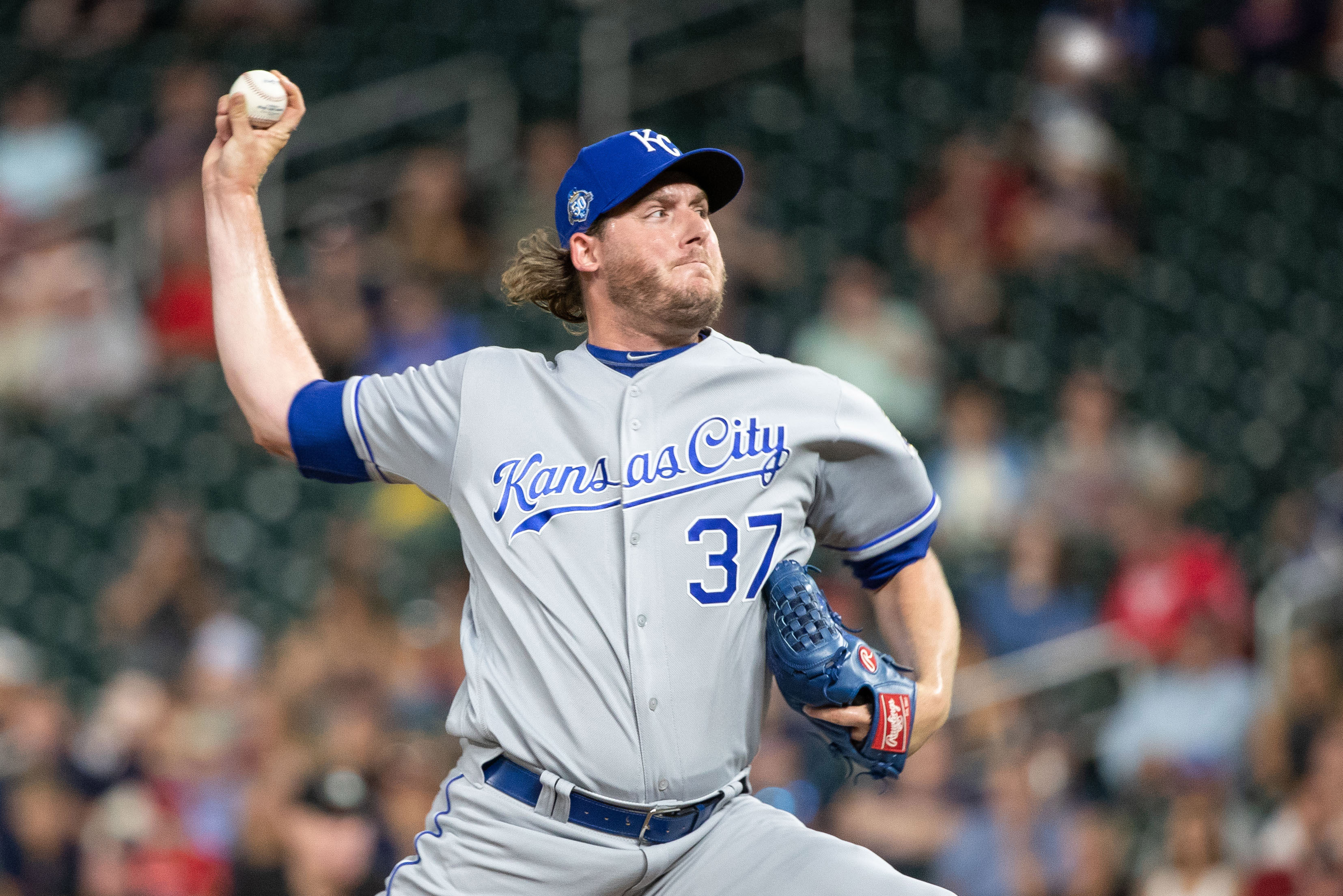 Jul 9, 2018; Minneapolis, MN, USA; Kansas City Royals relief pitcher Brandon Maurer (37) delivers a pitch during the eighth inning against the Minnesota Twins at Target Field. Mandatory Credit: Jordan Johnson-USA TODAY Sports