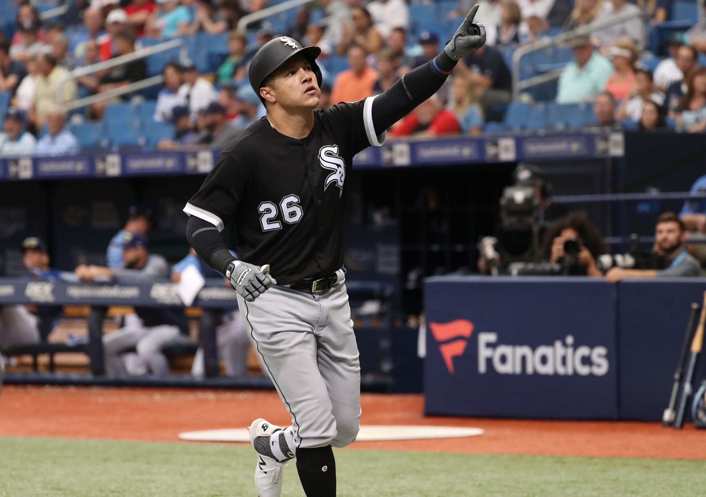 Aug 5, 2018; St. Petersburg, FL, USA; Chicago White Sox right fielder Avisail Garcia (26) points to celebrate as he hits a home run during the seventh inning against the Tampa Bay Rays at Tropicana Field. Mandatory Credit: Kim Klement-USA TODAY Sports
