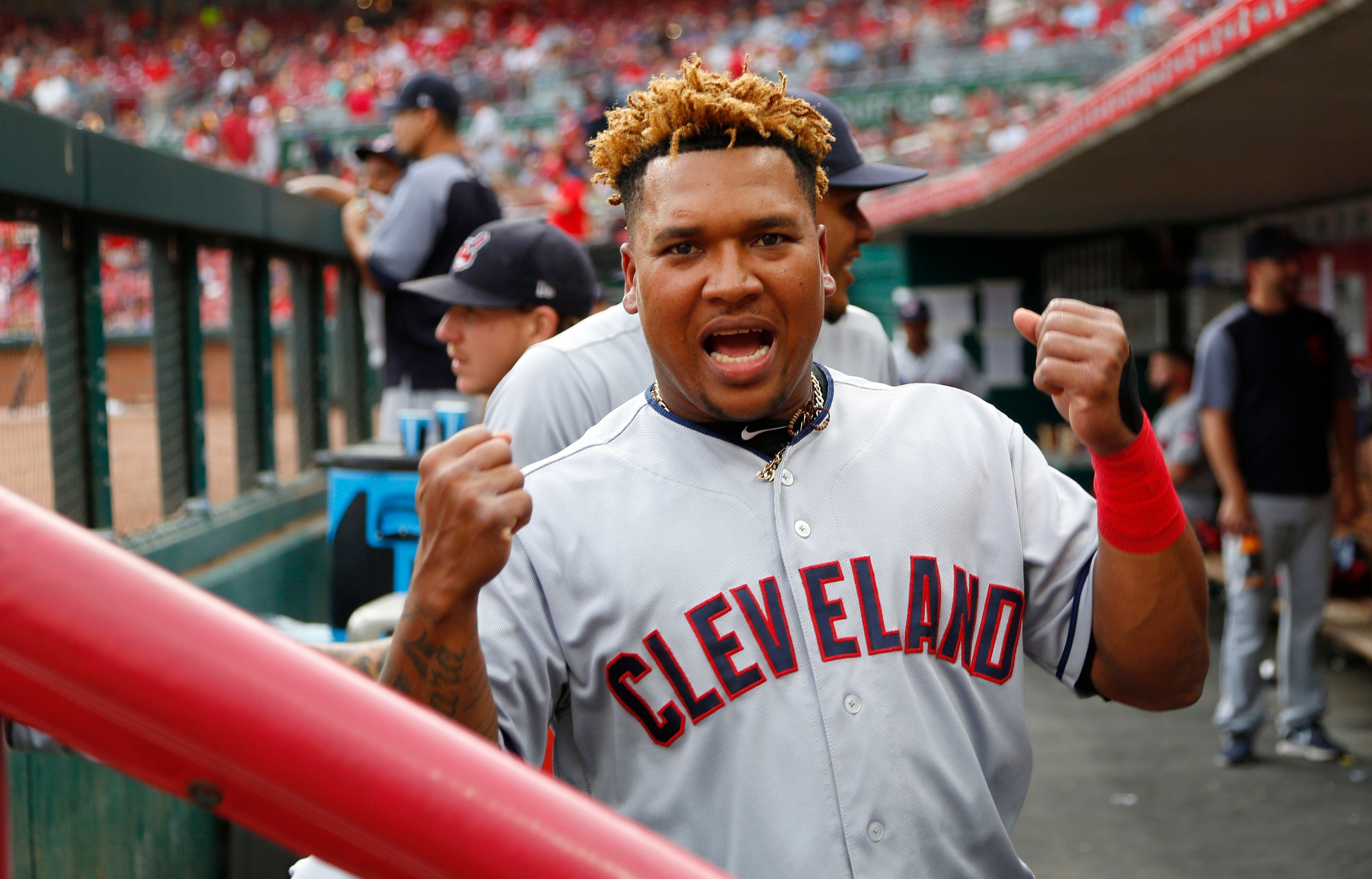 Aug 14, 2018; Cincinnati, OH, USA; Cleveland Indians third baseman Jose Ramirez (11) reacts to the camera before a game against the Cincinnati Reds at Great American Ball Park. Mandatory Credit: David Kohl-USA TODAY Sports